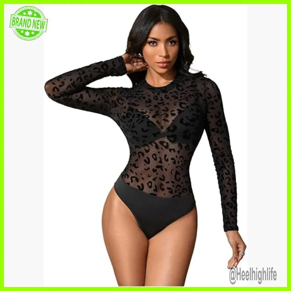 Slim Fit Mesh Bodysuit Long Sleeve Crewneck Party Top Stretchy